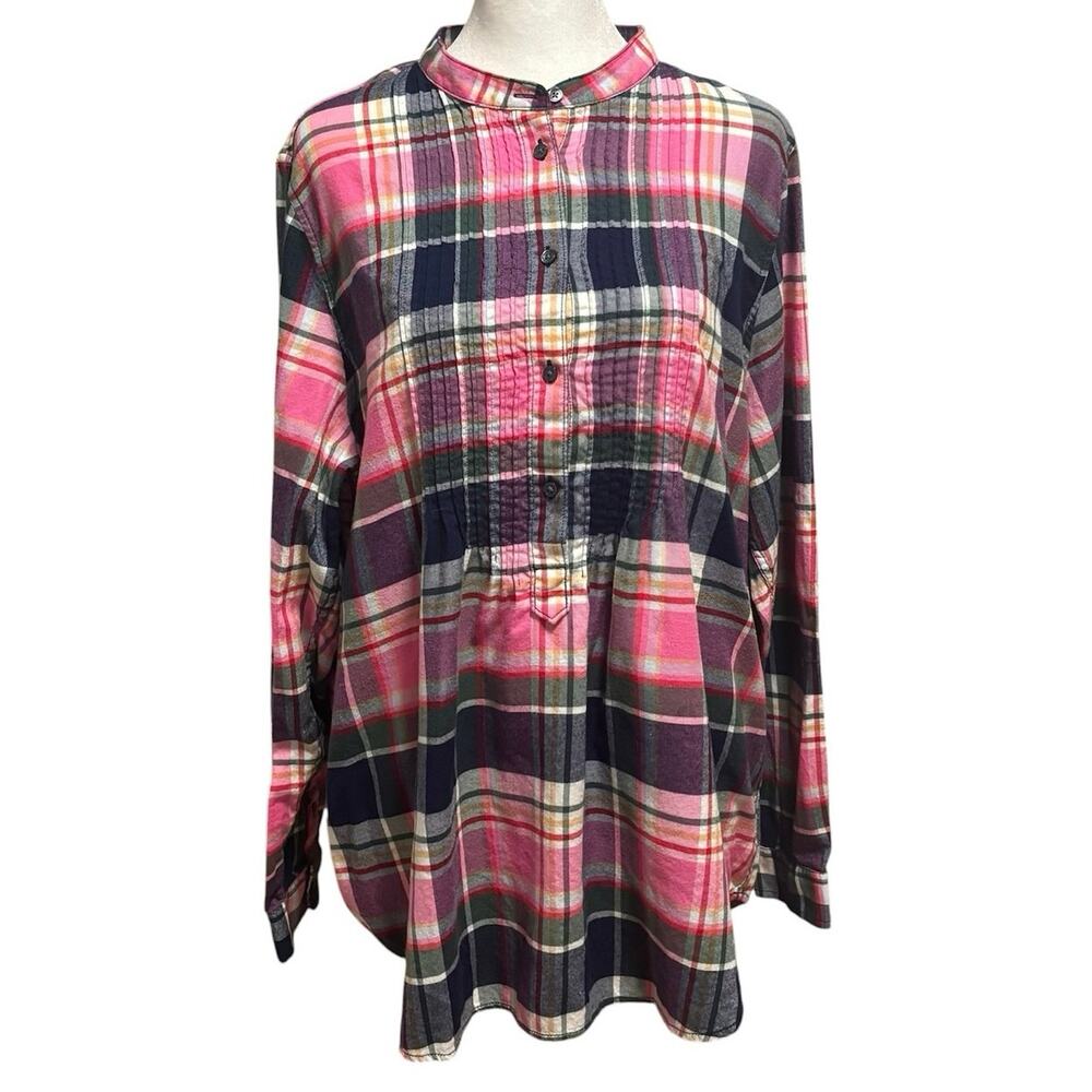 Lands End Plus Size 18 Popover Shirt Top Plaid Flannel Long Sleeves Roll Tab